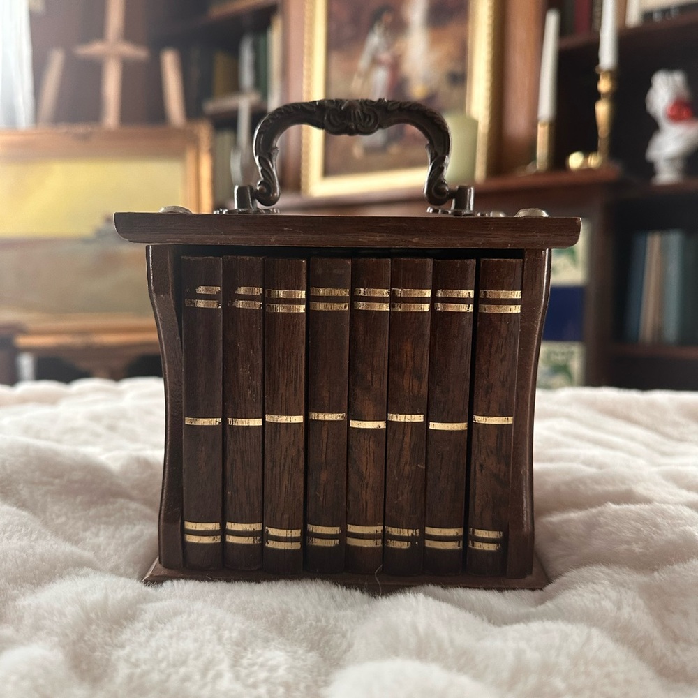 Vintage Book-Shaped Wooden Coaster Set